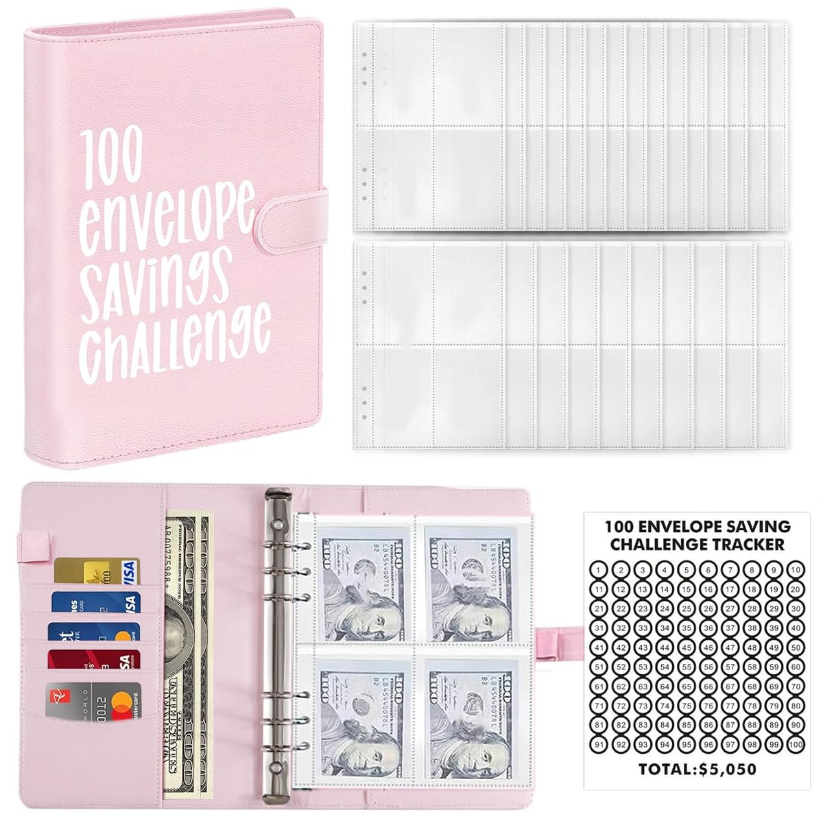 HASTHIP Money Saving Planner A5 Budget Binder 100 Days Money Saving Plan Binder with 100 Cash Envelopes Money Saving Budget Binder for Planning and Saving, Pink HASTHIP Money Saving Planner A5 Budget Binder 100 Days Money Saving Plan Binder with 100 Cash Envelopes Money Saving Budget Binder for Planning and Saving, Pink